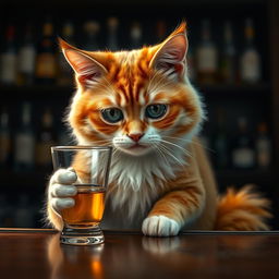 A sad cat sitting at a bar, holding a small glass filled with alcohol