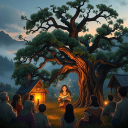 A tranquil village scene at the foot of misty mountains, where a storyteller named Alara captivates an audience of villagers gathered beneath a majestic ancient oak tree