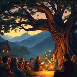A tranquil village scene at the foot of misty mountains, where a storyteller named Alara captivates an audience of villagers gathered beneath a majestic ancient oak tree