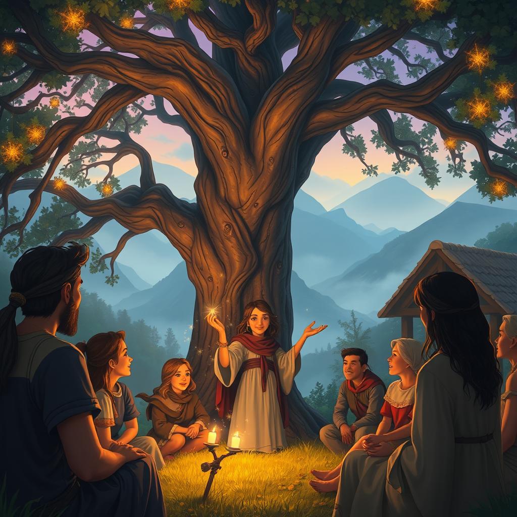 A tranquil village scene at the foot of misty mountains, where a storyteller named Alara captivates an audience of villagers gathered beneath a majestic ancient oak tree