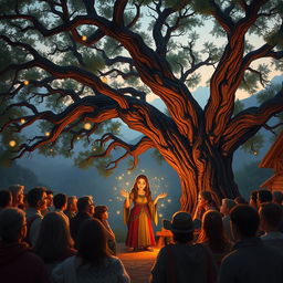 A tranquil village scene at the foot of misty mountains, where a storyteller named Alara captivates an audience of villagers gathered beneath a majestic ancient oak tree