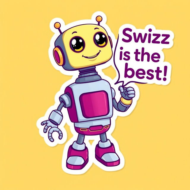 A cheerful, cartoonish robot with a friendly face and bright colors, standing upright and holding a speech bubble that says "Swizz is the best" in bold, playful font