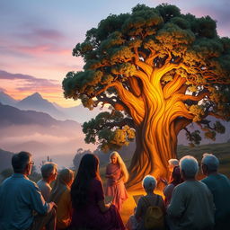 A tranquil village setting at the foot of misty mountains during twilight, showcasing a backdrop of soft hues of purple and orange in the sky