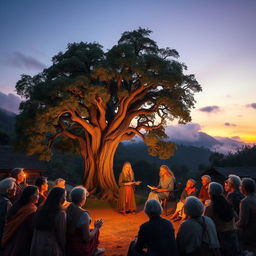 A tranquil village setting at the foot of misty mountains during twilight, showcasing a backdrop of soft hues of purple and orange in the sky