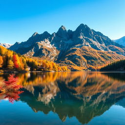A visually stunning landscape photograph showcasing a serene lake surrounded by majestic mountains under a bright blue sky