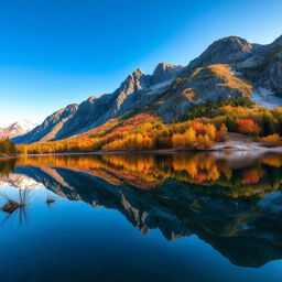A visually stunning landscape photograph showcasing a serene lake surrounded by majestic mountains under a bright blue sky