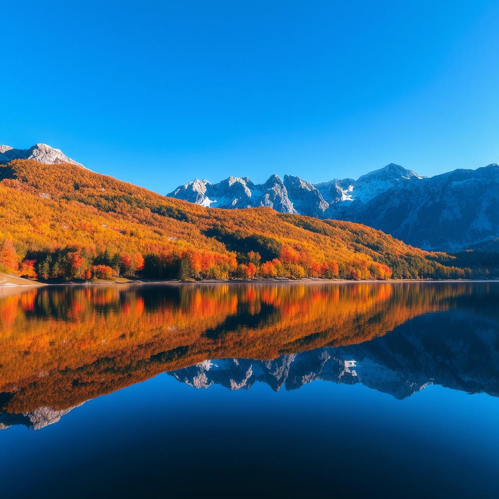A visually stunning landscape photograph showcasing a serene lake surrounded by majestic mountains under a bright blue sky