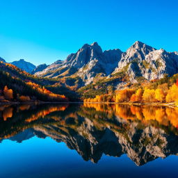 A visually stunning landscape photograph showcasing a serene lake surrounded by majestic mountains under a bright blue sky
