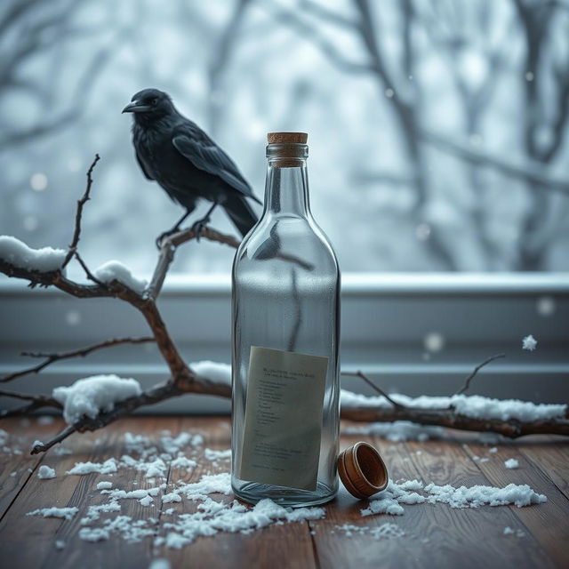 A winter scene depicting a glass bottle standing upright on the floor, with a small, old wooden cap resting alongside a letter inside the bottle