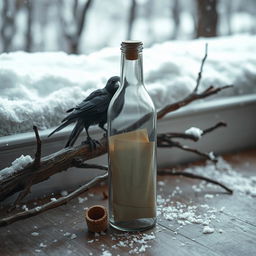 A winter scene depicting a glass bottle standing upright on the floor, with a small, old wooden cap resting alongside a letter inside the bottle
