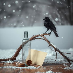 A winter scene depicting a glass bottle standing upright on the floor, with a small, old wooden cap resting alongside a letter inside the bottle