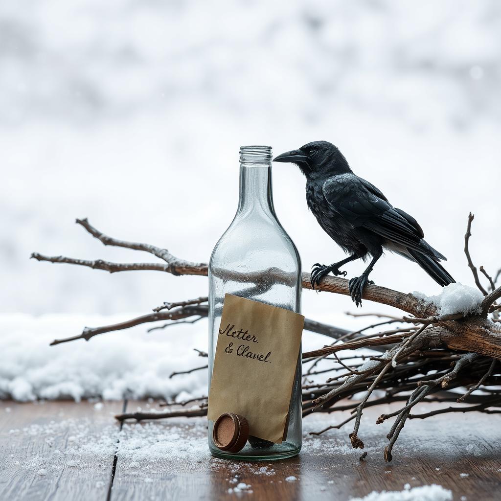 A winter scene depicting a glass bottle standing upright on the floor, with a small, old wooden cap resting alongside a letter inside the bottle