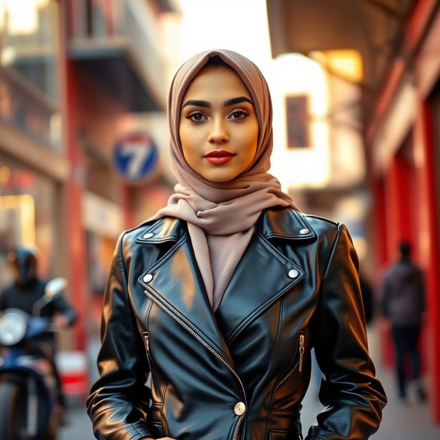 A stylish young woman wearing a fitted leather jacket that flatters her rectangular-shaped body