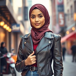 A stylish young woman wearing a fitted leather jacket that flatters her rectangular-shaped body