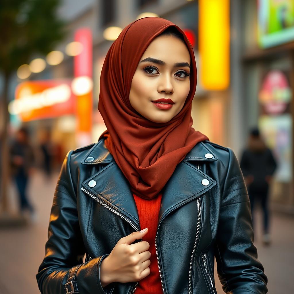 A stylish young woman wearing a fitted leather jacket that flatters her rectangular-shaped body