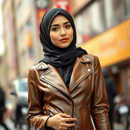 A stylish young woman wearing a fitted leather jacket that flatters her rectangular-shaped body