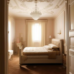 Neoclassical bedroom in an oddly shaped room with a small window, complete with aesthetic furniture and decor reflecting the style's elegance and simplicity.