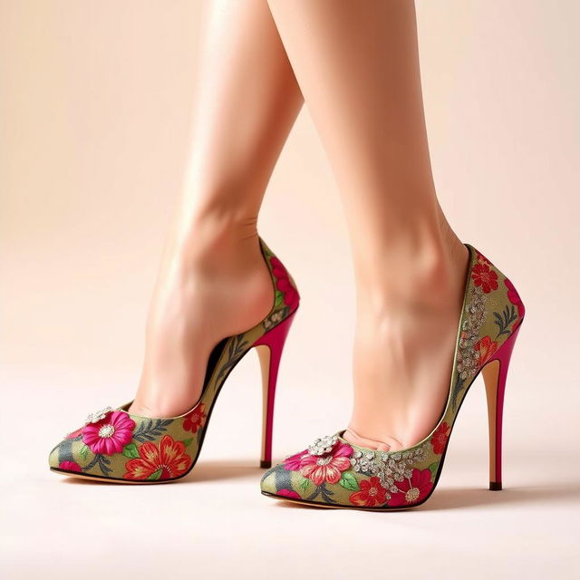 A pair of elegant high-heeled women's shoes, featuring stylish design with intricate floral patterns and shimmering embellishments