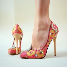 A pair of elegant high-heeled women's shoes, featuring stylish design with intricate floral patterns and shimmering embellishments