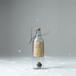 A minimalist winter scene featuring a glass bottle standing on the floor, with a small, old wooden cap and an aged letter visible inside the bottle