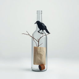 A minimalist winter scene featuring a glass bottle standing on the floor, with a small, old wooden cap and an aged letter visible inside the bottle