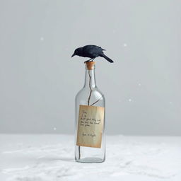 A minimalist winter scene featuring a glass bottle standing on the floor, with a small, old wooden cap and an aged letter visible inside the bottle
