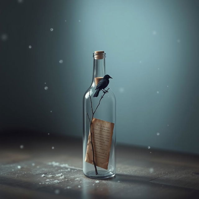 A minimalist winter scene featuring a glass bottle standing on the floor, with a small, old wooden cap and an aged letter visible inside the bottle