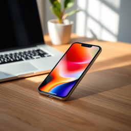 A sleek and elegant iPhone 16 Pro Max displayed on a modern wooden desk, showcasing its stunning design and vibrant screen