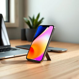 A sleek and elegant iPhone 16 Pro Max displayed on a modern wooden desk, showcasing its stunning design and vibrant screen