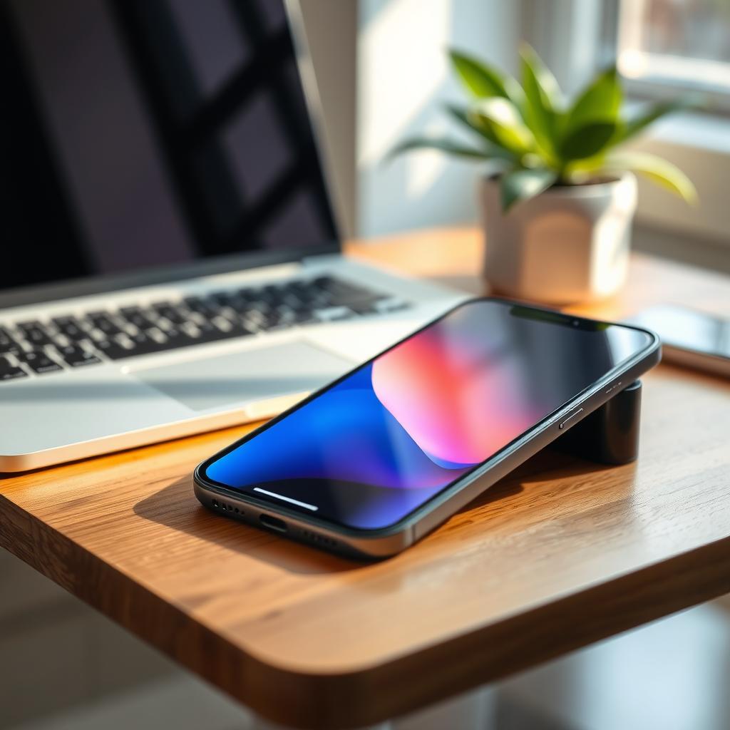 A sleek and elegant iPhone 16 Pro Max displayed on a modern wooden desk, showcasing its stunning design and vibrant screen