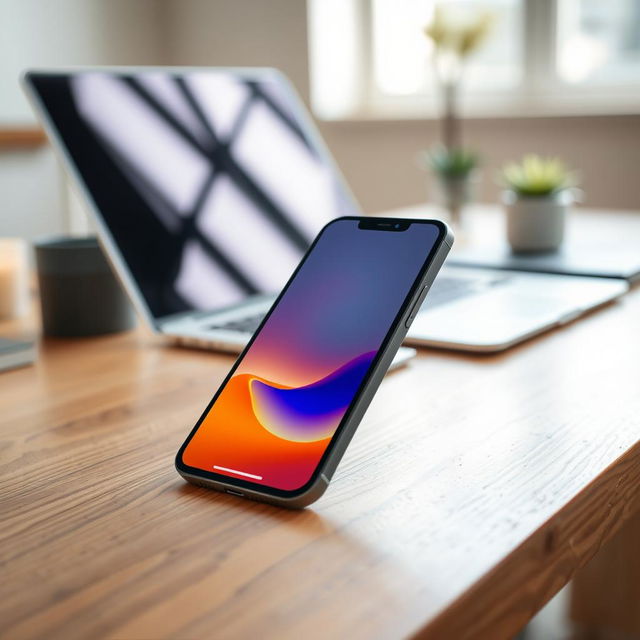 A sleek and elegant iPhone 16 Pro Max displayed on a modern wooden desk, showcasing its stunning design and vibrant screen