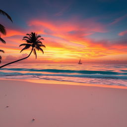 A breathtaking sunset over a serene ocean landscape, featuring vibrant orange and pink hues blending seamlessly into the deep blue sky