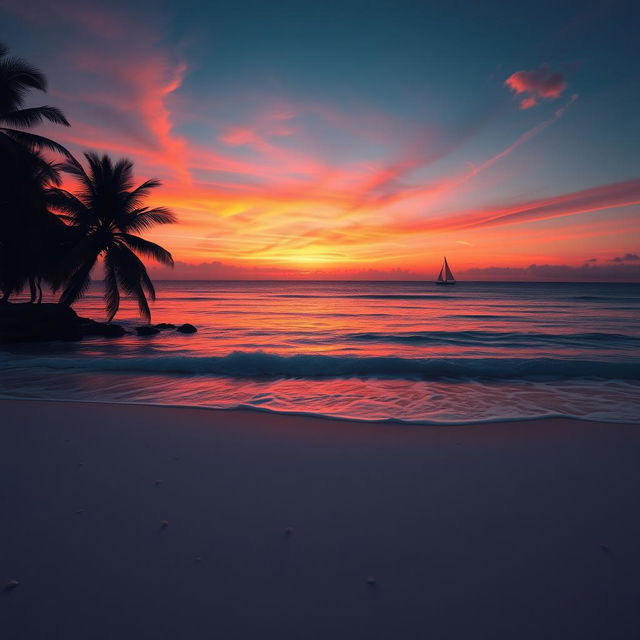 A breathtaking sunset over a serene ocean landscape, featuring vibrant orange and pink hues blending seamlessly into the deep blue sky