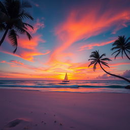 A breathtaking sunset over a serene ocean landscape, featuring vibrant orange and pink hues blending seamlessly into the deep blue sky