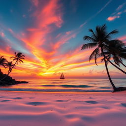 A breathtaking sunset over a serene ocean landscape, featuring vibrant orange and pink hues blending seamlessly into the deep blue sky