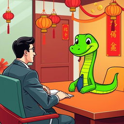 A green cartoon snake sitting at a conference table in a meeting room, engaged in a discussion with a businessman