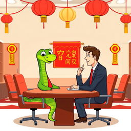 A green cartoon snake sitting at a conference table in a meeting room, engaged in a discussion with a businessman