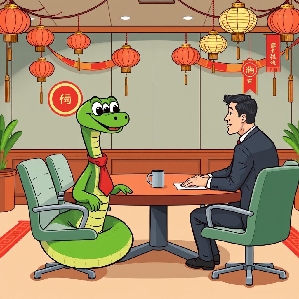 A green cartoon snake sitting at a conference table in a meeting room, engaged in a discussion with a businessman