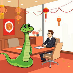 A green cartoon snake sitting at a conference table in a meeting room, engaged in a discussion with a businessman