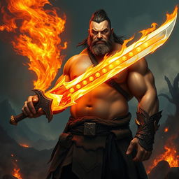A large-bodied man without visible muscles, confidently holding a fiery sword that emits vibrant flames