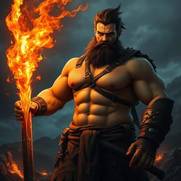 A large-bodied man without visible muscles, confidently holding a fiery sword that emits vibrant flames