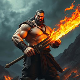 A large-bodied man without visible muscles, confidently holding a fiery sword that emits vibrant flames