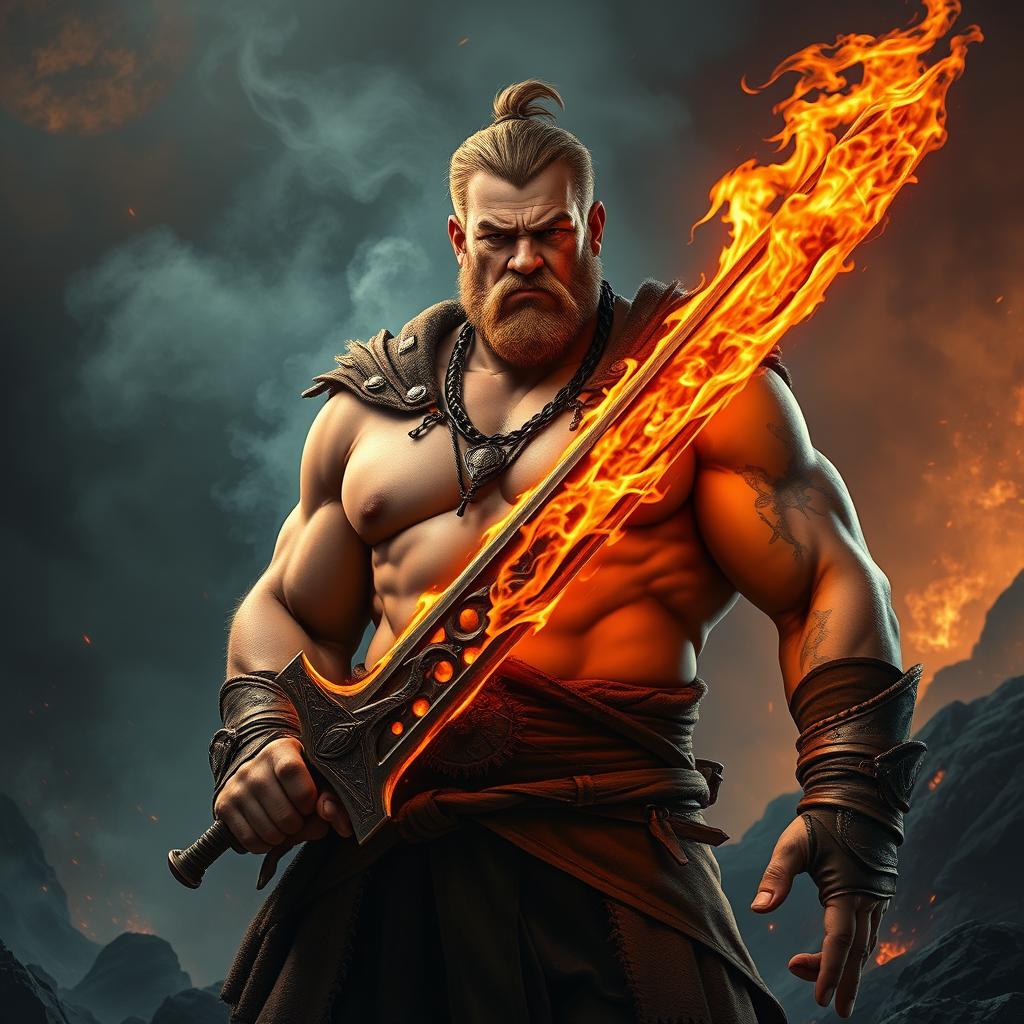 A large-bodied man without visible muscles, confidently holding a fiery sword that emits vibrant flames