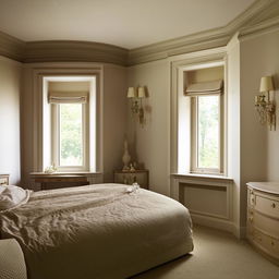 Neoclassical bedroom in an oddly shaped room with a small window, complete with aesthetic furniture and decor reflecting the style's elegance and simplicity.