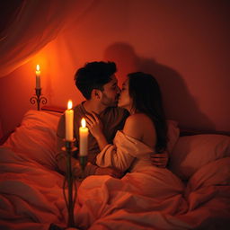 An intimate, romantic scene between a couple in a softly lit room accented with warm colors, featuring soft bedding and whispering shadows, capturing a feeling of deep connection and affection