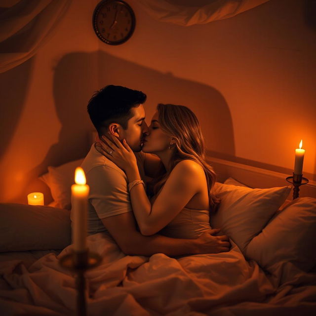 An intimate, romantic scene between a couple in a softly lit room accented with warm colors, featuring soft bedding and whispering shadows, capturing a feeling of deep connection and affection