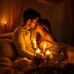 An intimate, romantic scene between a couple in a softly lit room accented with warm colors, featuring soft bedding and whispering shadows, capturing a feeling of deep connection and affection