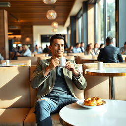 Cristiano Ronaldo sitting in a stylish, modern café, enjoying a cup of coffee