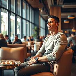 Cristiano Ronaldo sitting in a stylish, modern café, enjoying a cup of coffee