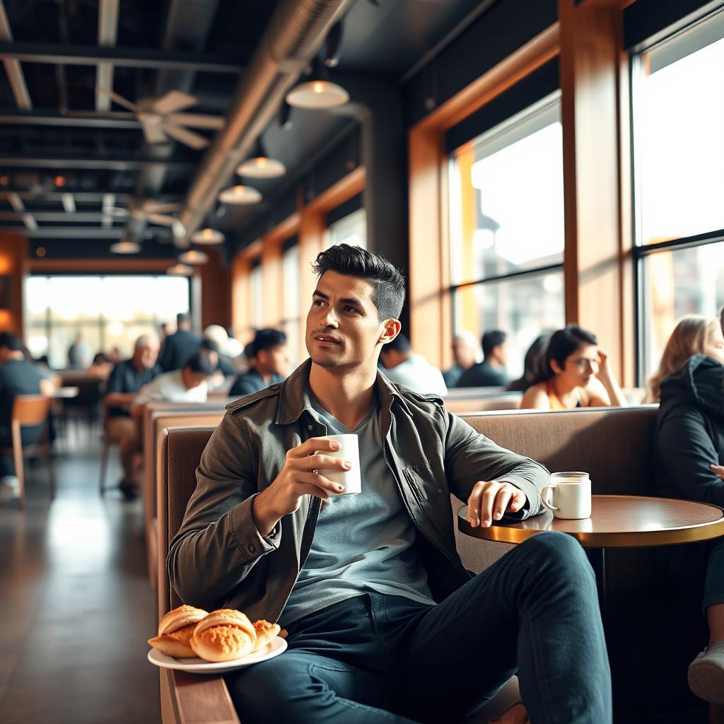 Cristiano Ronaldo sitting in a stylish, modern café, enjoying a cup of coffee